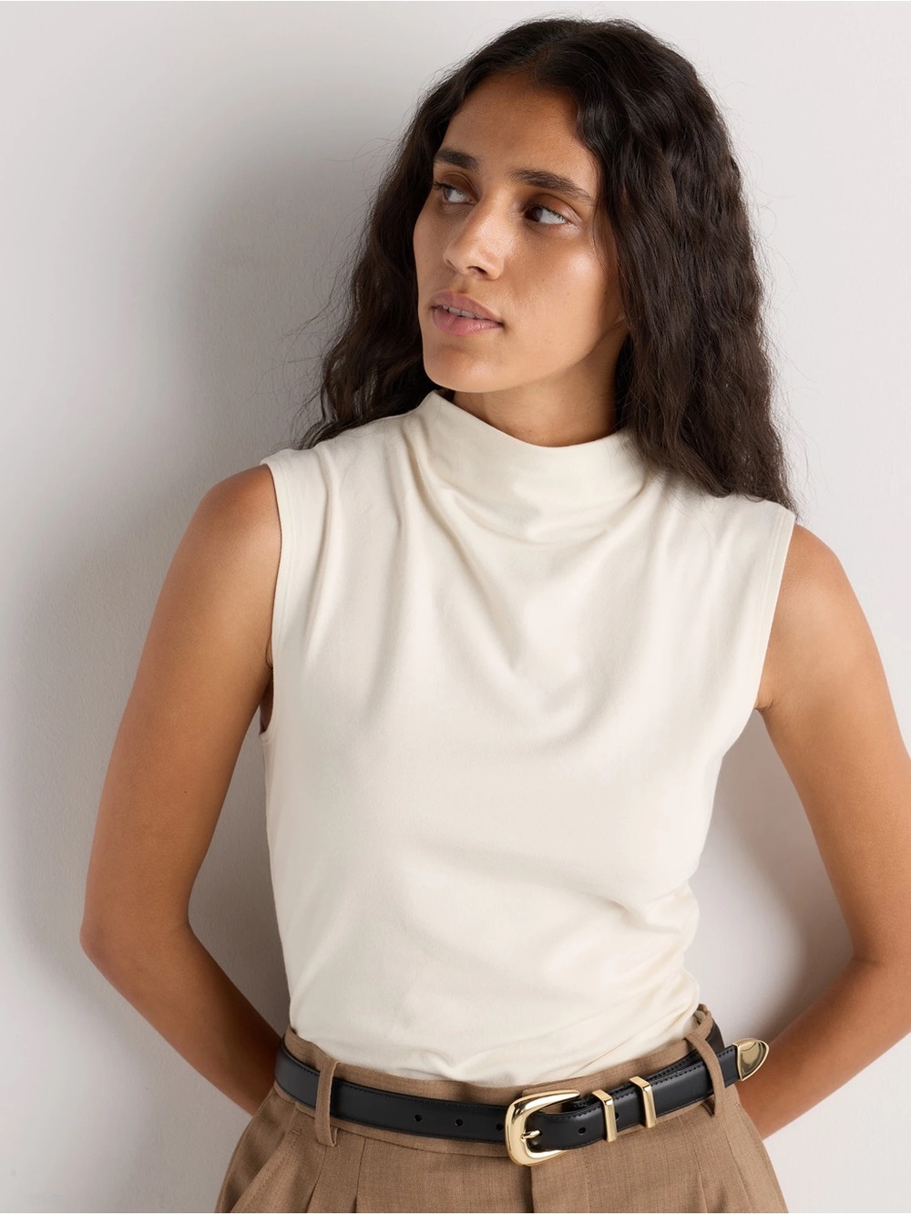 Quince Stretch Cotton Jersey Sleeveless Mock Neck Top white size M